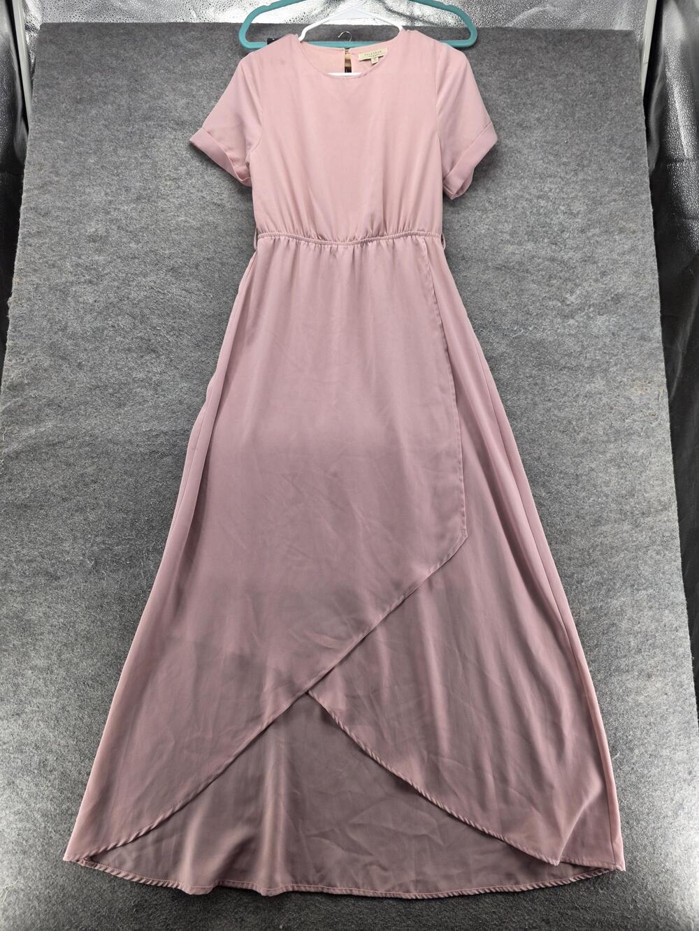 POLAGRAM Dress Womens S Pink Long Maxi Short Sleeve Round Neck Chiffon Lined